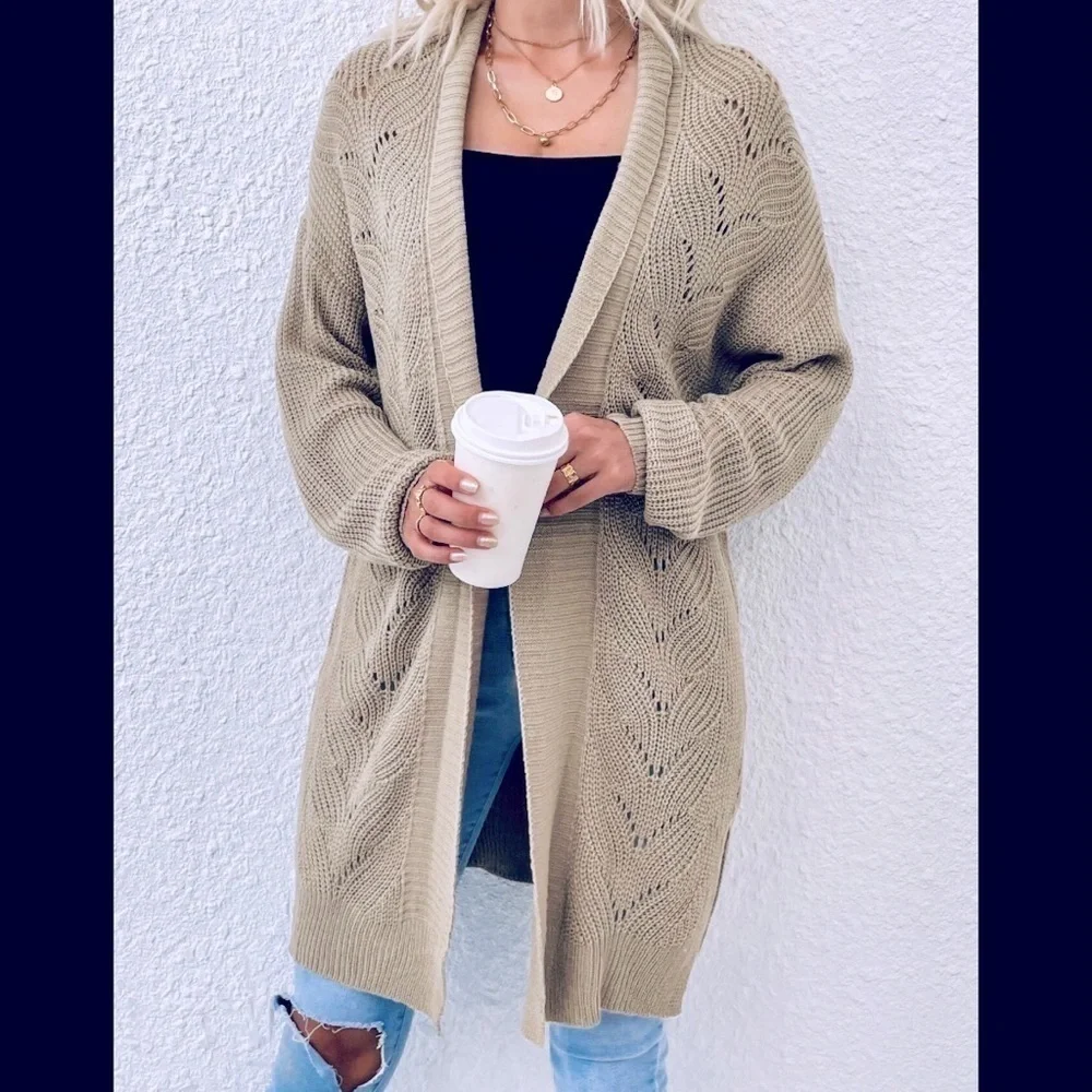 POL Crochet Knit Hooded Open Front Long Cardigan Tan Size M